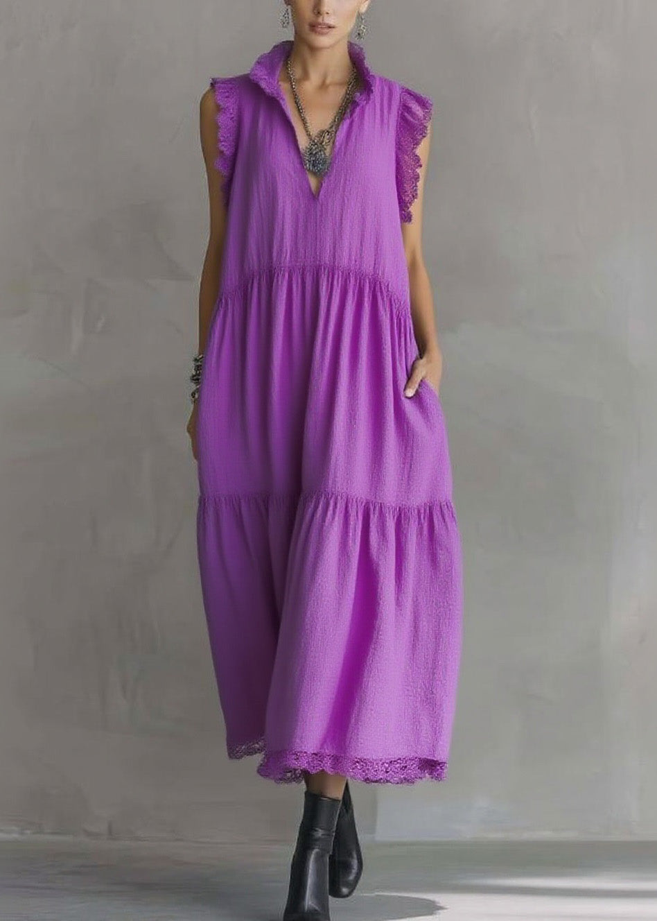 Women Purple Ruffled Lace Patchwork Cotton Dresses Sleeveless - View 5