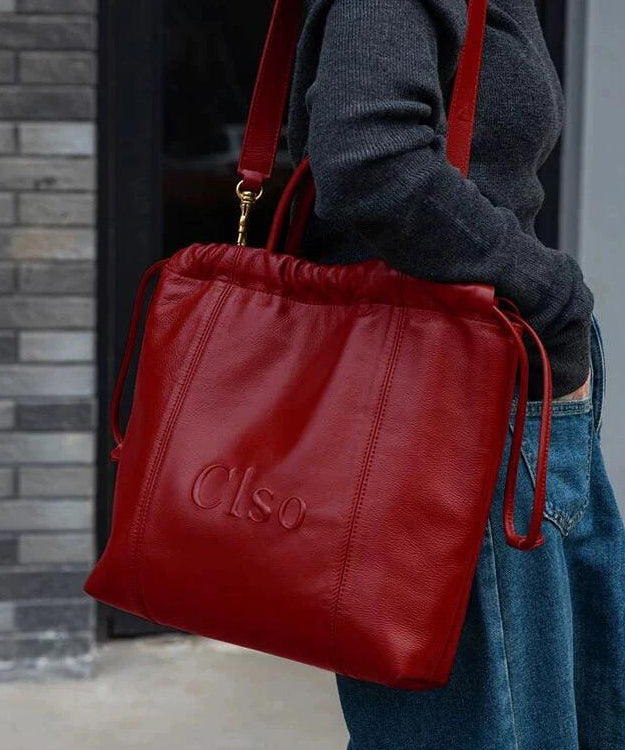 Large Drawstring Handbag Capacity Faux Satchel Leather Red