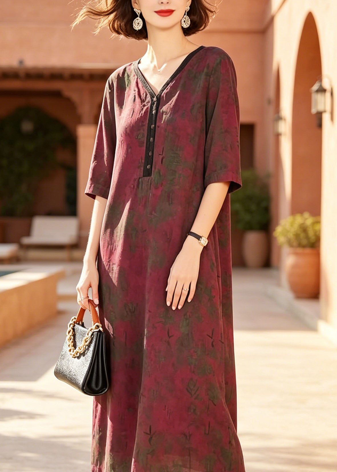 V-Neck Button Front Abstract Print Elbow Sleeve Relaxed Midi Dress - View 3