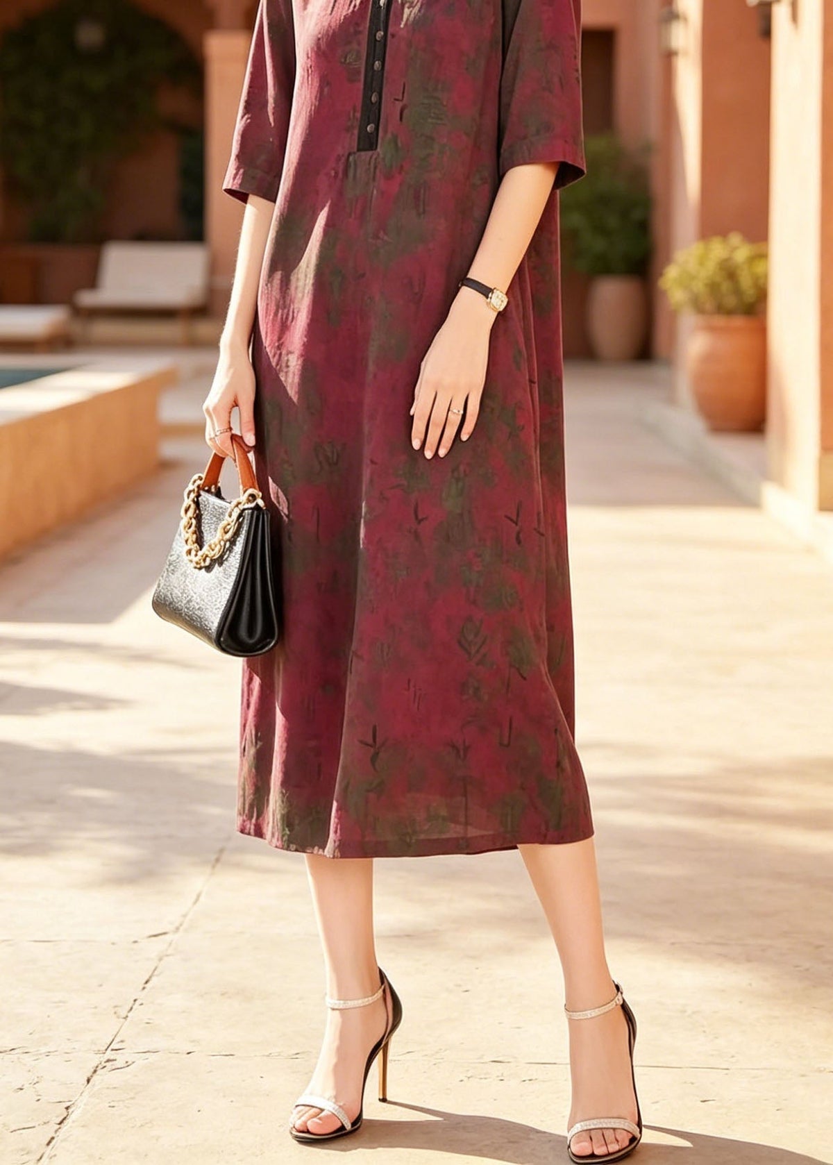 V-Neck Button Front Abstract Print Elbow Sleeve Relaxed Midi Dress - View 4