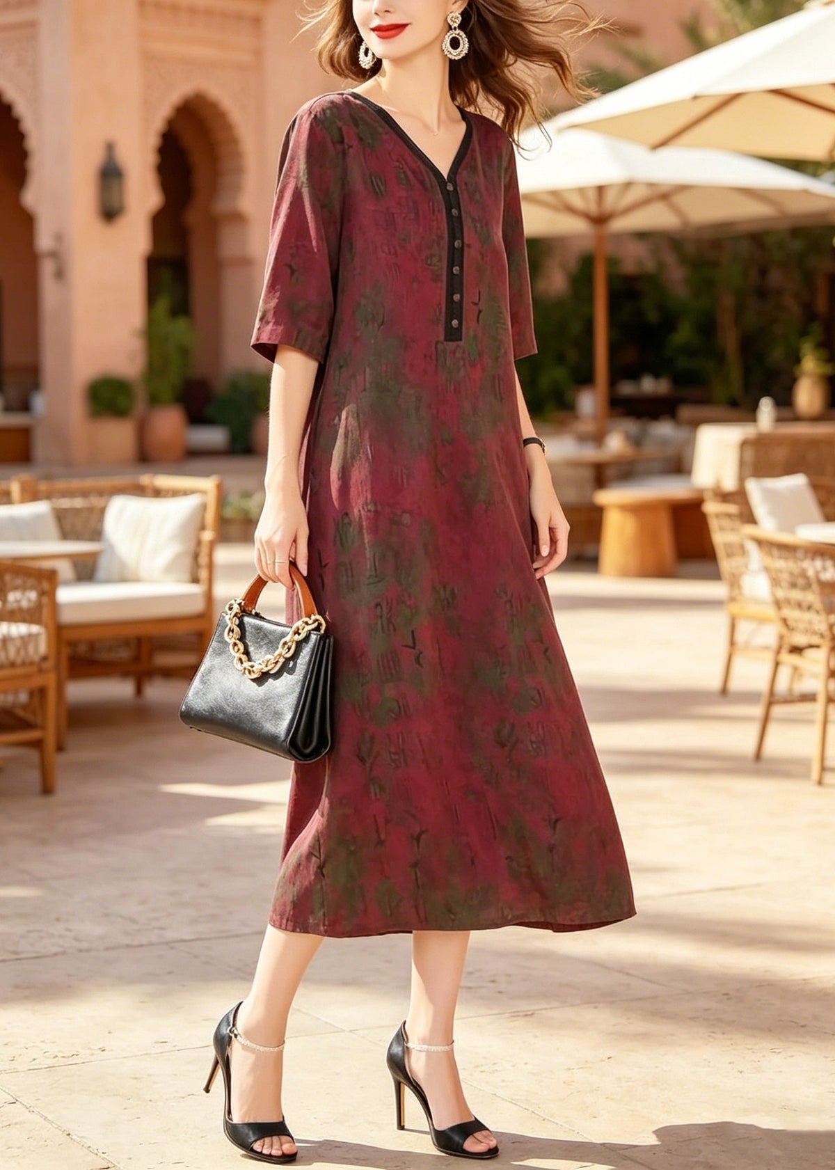 V-Neck Button Front Abstract Print Elbow Sleeve Relaxed Midi Dress - View 5