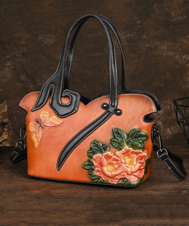 Leather Coffee Handbag Embossed Calf Tote Retro