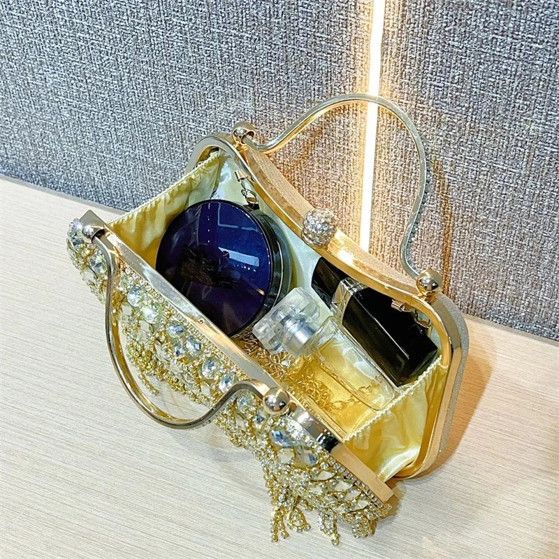 Rhinestone Silver Sparkling Tassel Shoulder Evening Clutch Bag