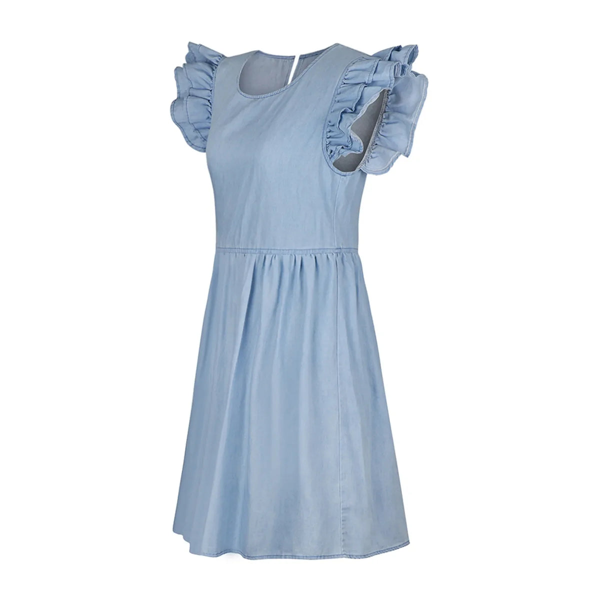 Casual Denim Jean Ruffle Sleeve Midi Skinny Body O Neck Sleeveless Party Loose Summer Pleated Dress 4