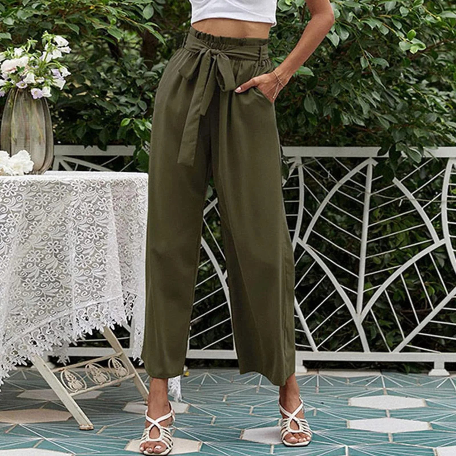 Bow Waistband Pleated Cotton Linen Pants