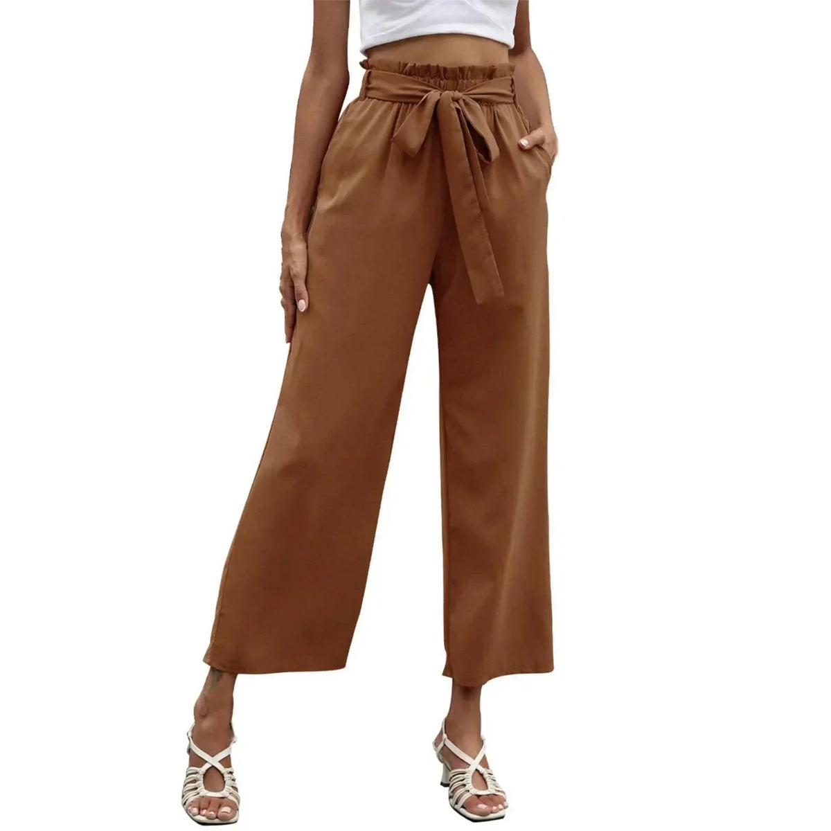 Bow Waistband Pleated Cotton Linen Pants Coffee / S