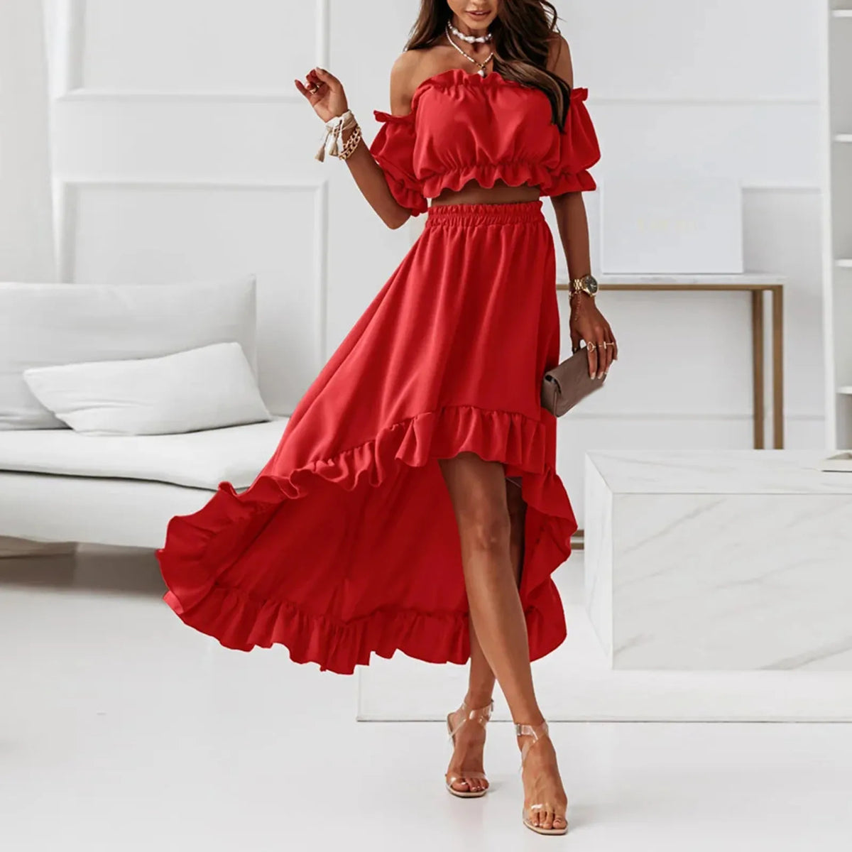 Off-Shoulder Puff Sleeve Ruffle High-Low Two-Piece Set 2