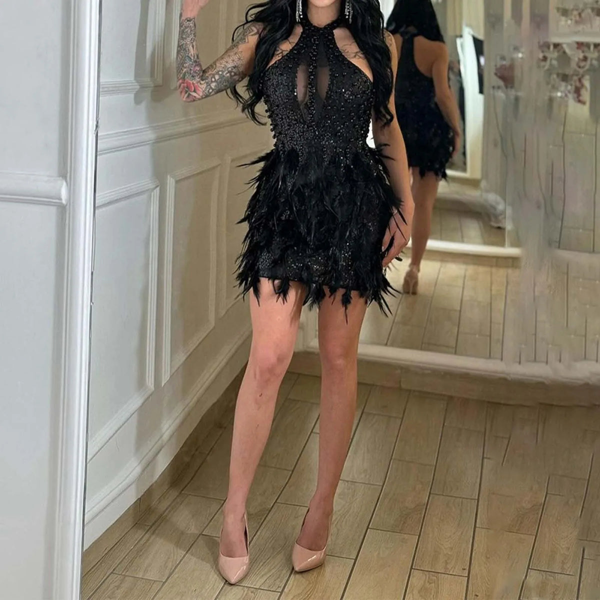 Sequin Halter Feather-Trim Bodycon Mini Dress 4