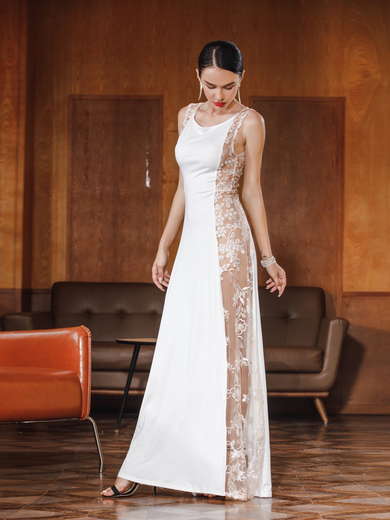 Women Sexy Mesh Emborideried Specing Patchwork Evening Party Dress - Fashionpara