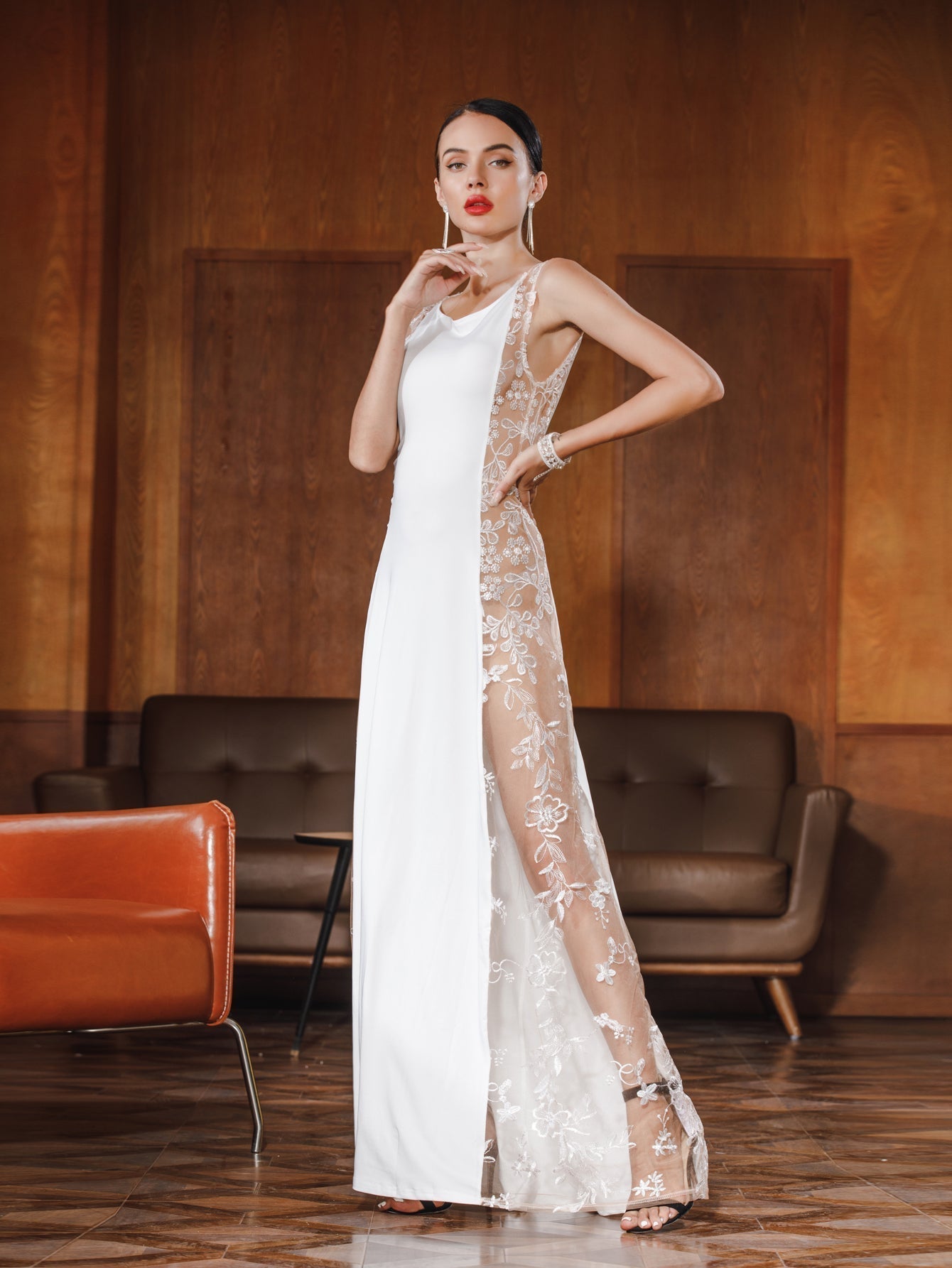 Women Sexy Mesh Emborideried Specing Patchwork Evening Party Dress - Fashionpara