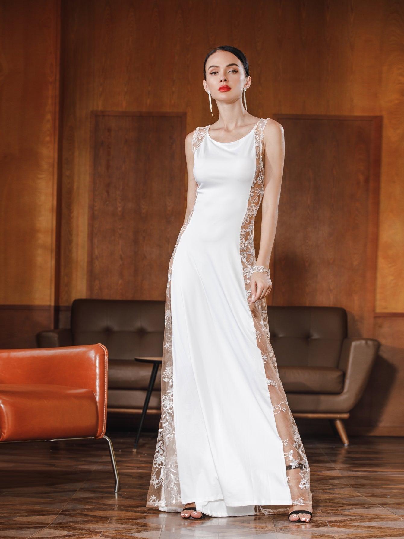 Women Sexy Mesh Emborideried Specing Patchwork Evening Party Dress - Fashionpara