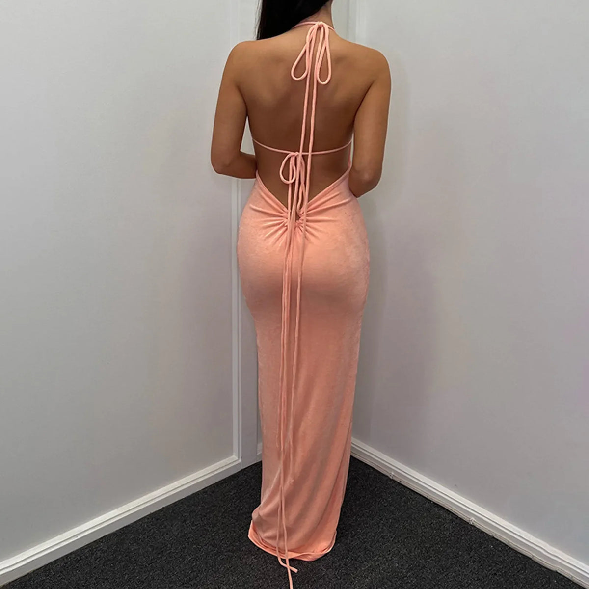 Halter-Neck Ruched Backless Bodycon Maxi Dress 4