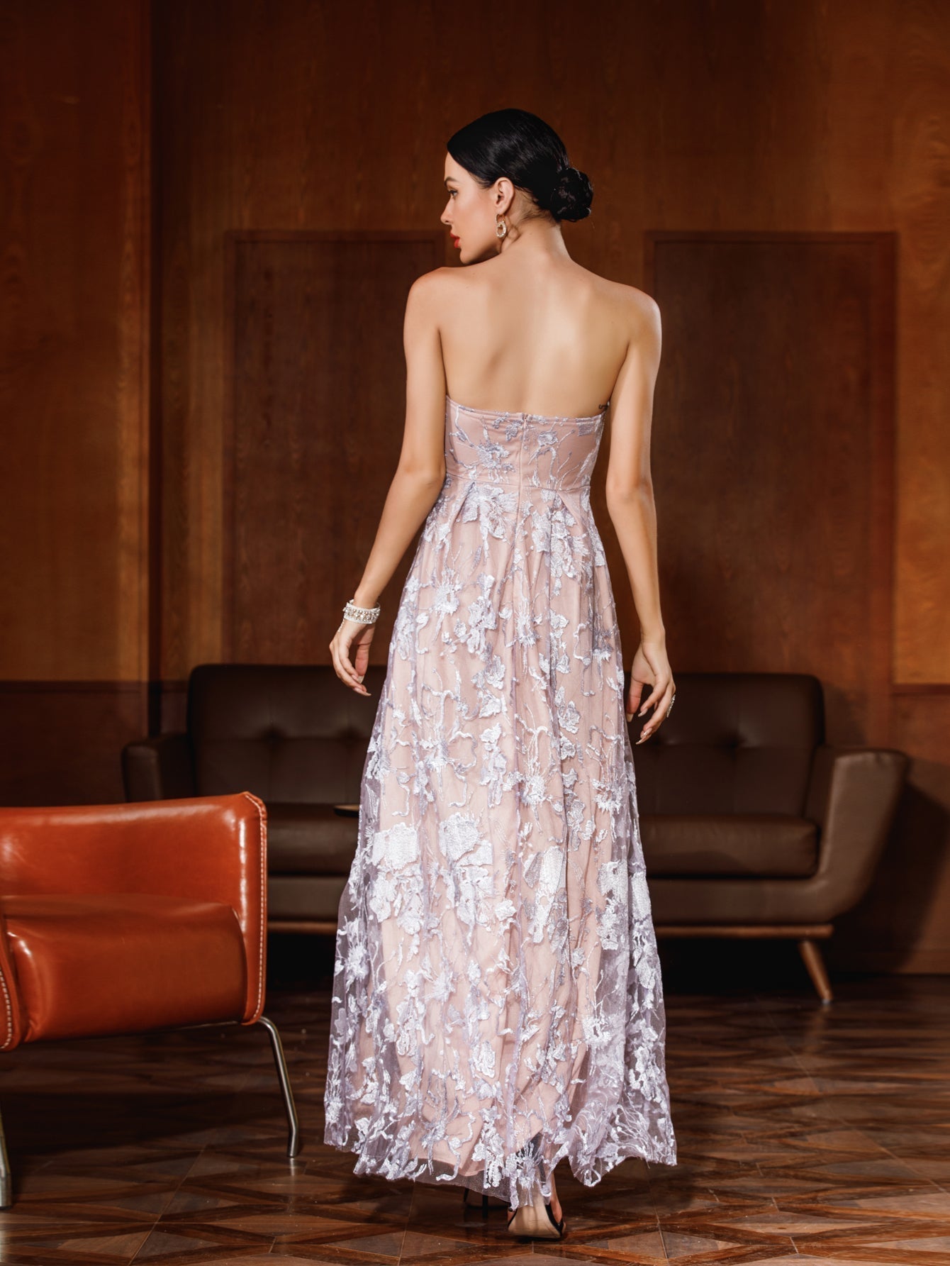 Women Sexy Strapless Backless Lace Slit Party Dress - Fashionpara