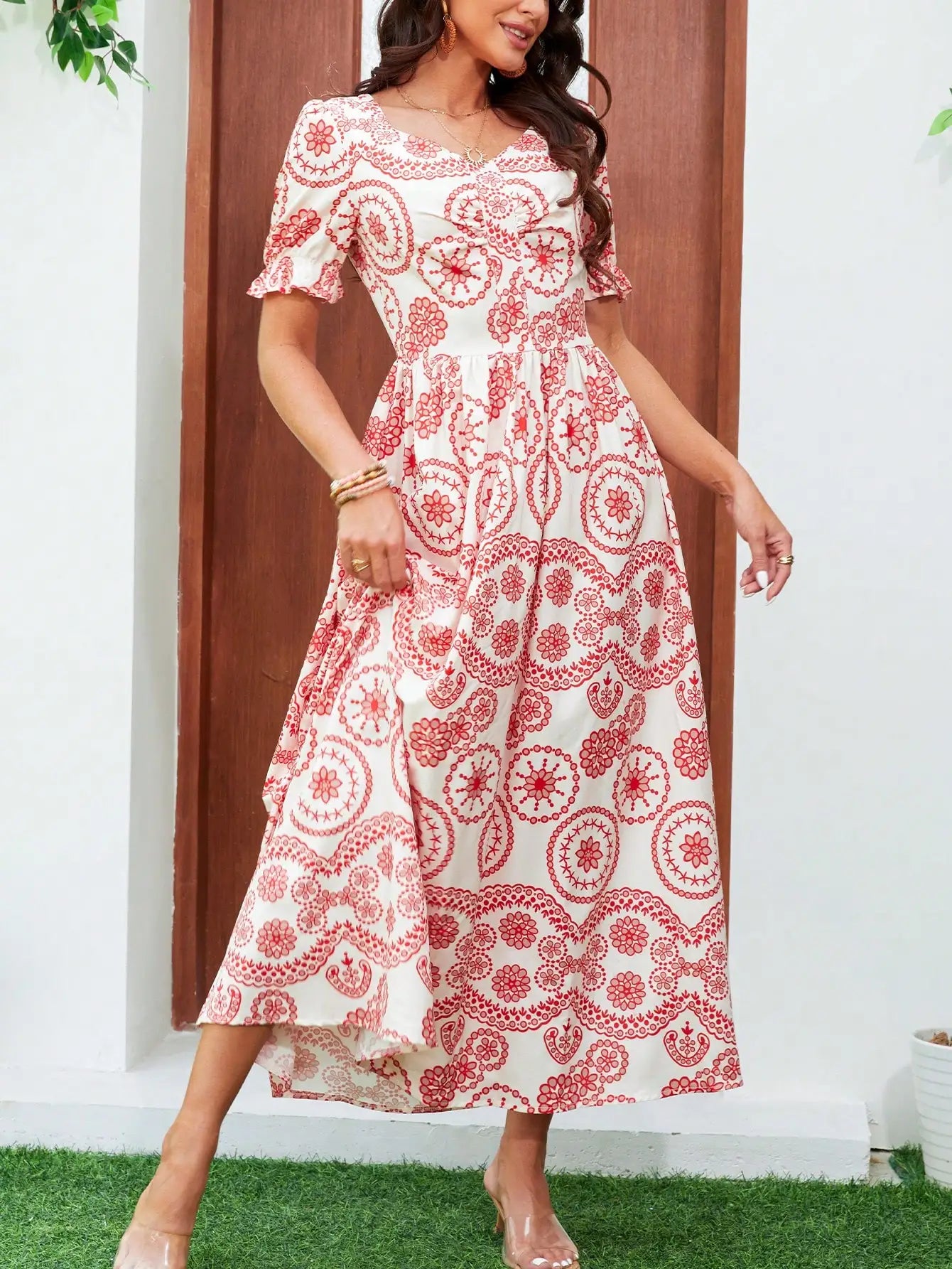 Bohemian High Waist Square Neck Floral Dress