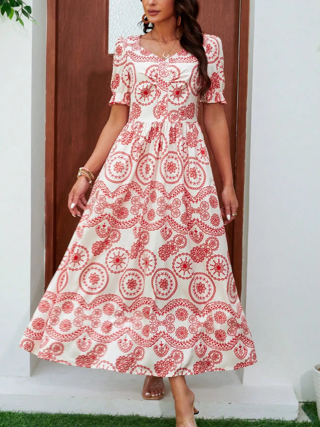 Bohemian High Waist Square Neck Floral Dress