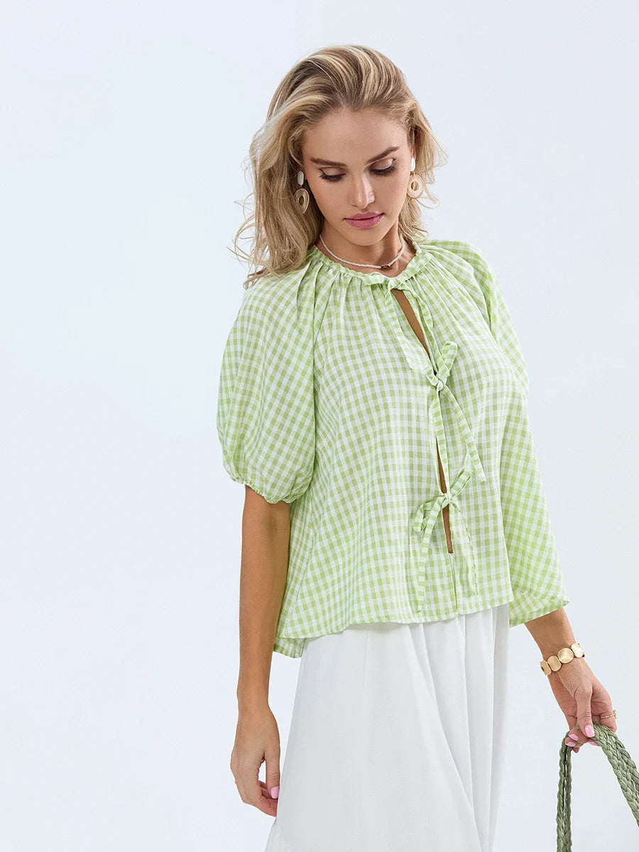 Vintage Plaid Tie-Up Blouse