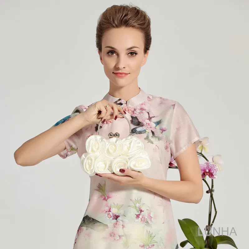 Silk Rose Flower Frame Dinner Clutch Bag