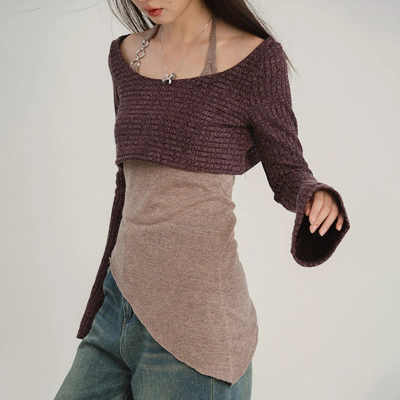 Solid Tank Tie-Up Halter Backless Long Sleeve Knit Top - Fashionpara