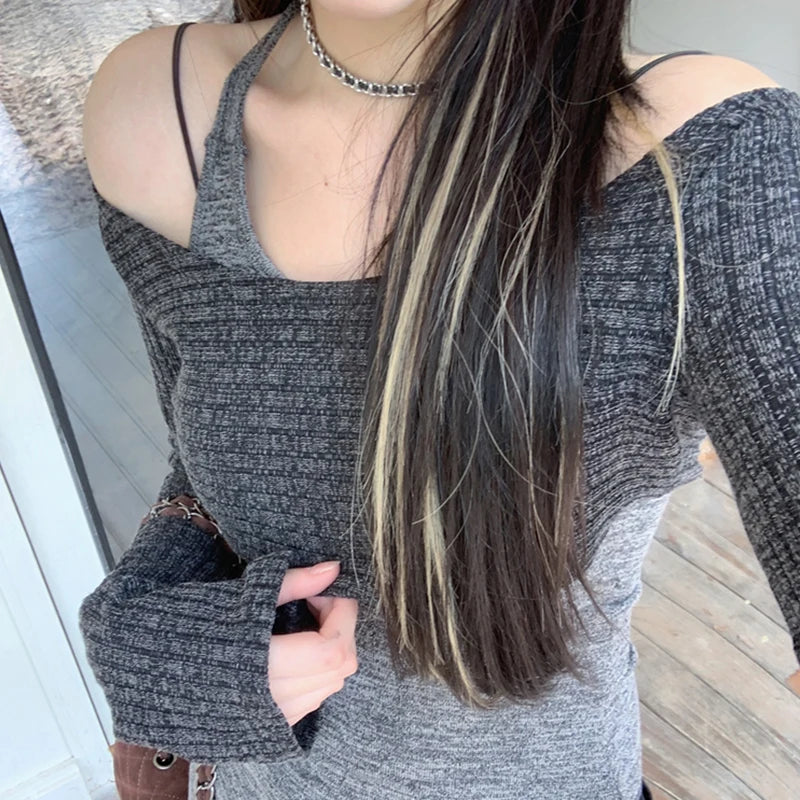 Solid Tank Tie-Up Halter Backless Long Sleeve Knit Top - Fashionpara