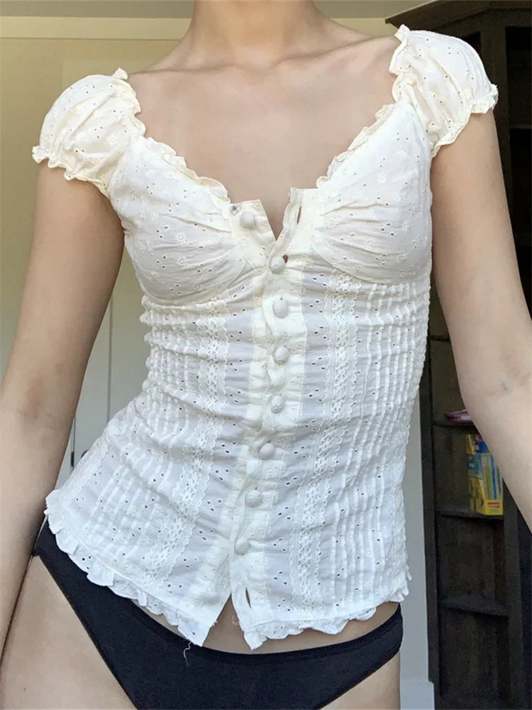 Retro Square Neck Button Down Short Sleeve Blouse