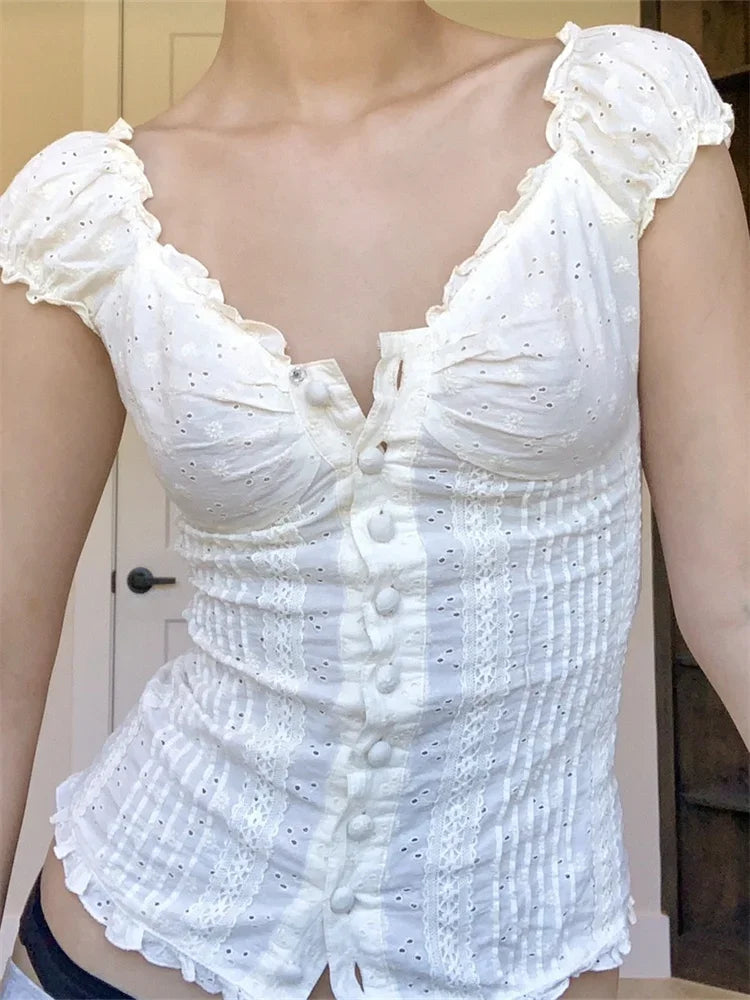 Retro Square Neck Button Down Short Sleeve Blouse