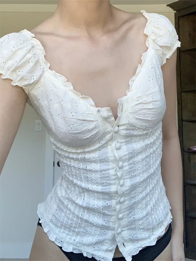 Retro Square Neck Button Down Short Sleeve Blouse