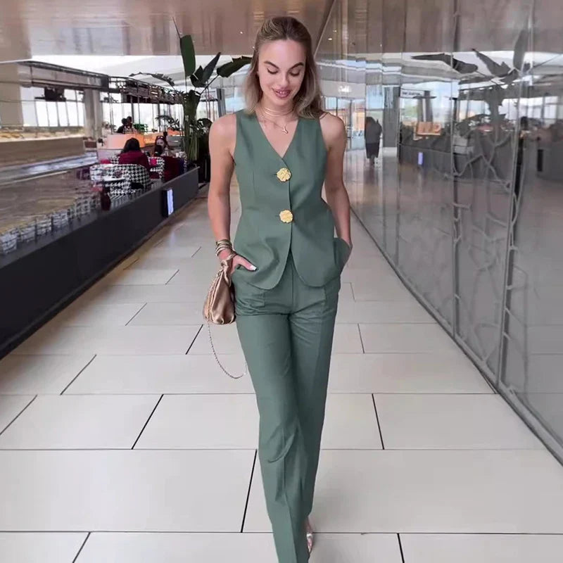 Summer Sleeveless Wide Leg Pants Office Two Piece Set