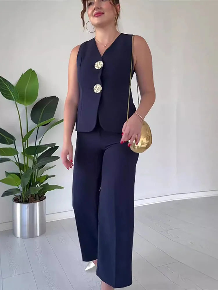 Summer Sleeveless Wide Leg Pants Office Two Piece Set