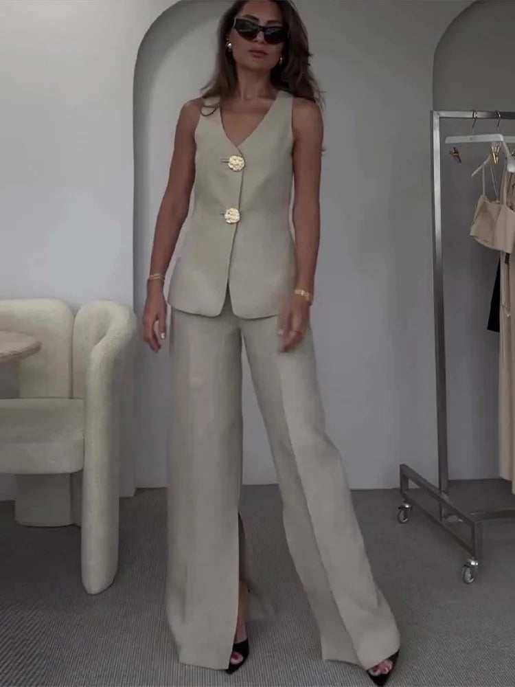 Summer Sleeveless Wide Leg Pants Office Two Piece Set