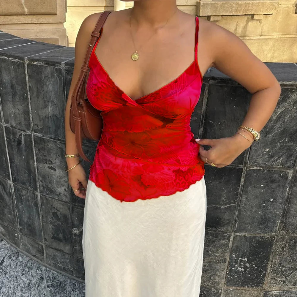 Floral Mesh Spaghetti Crop Top