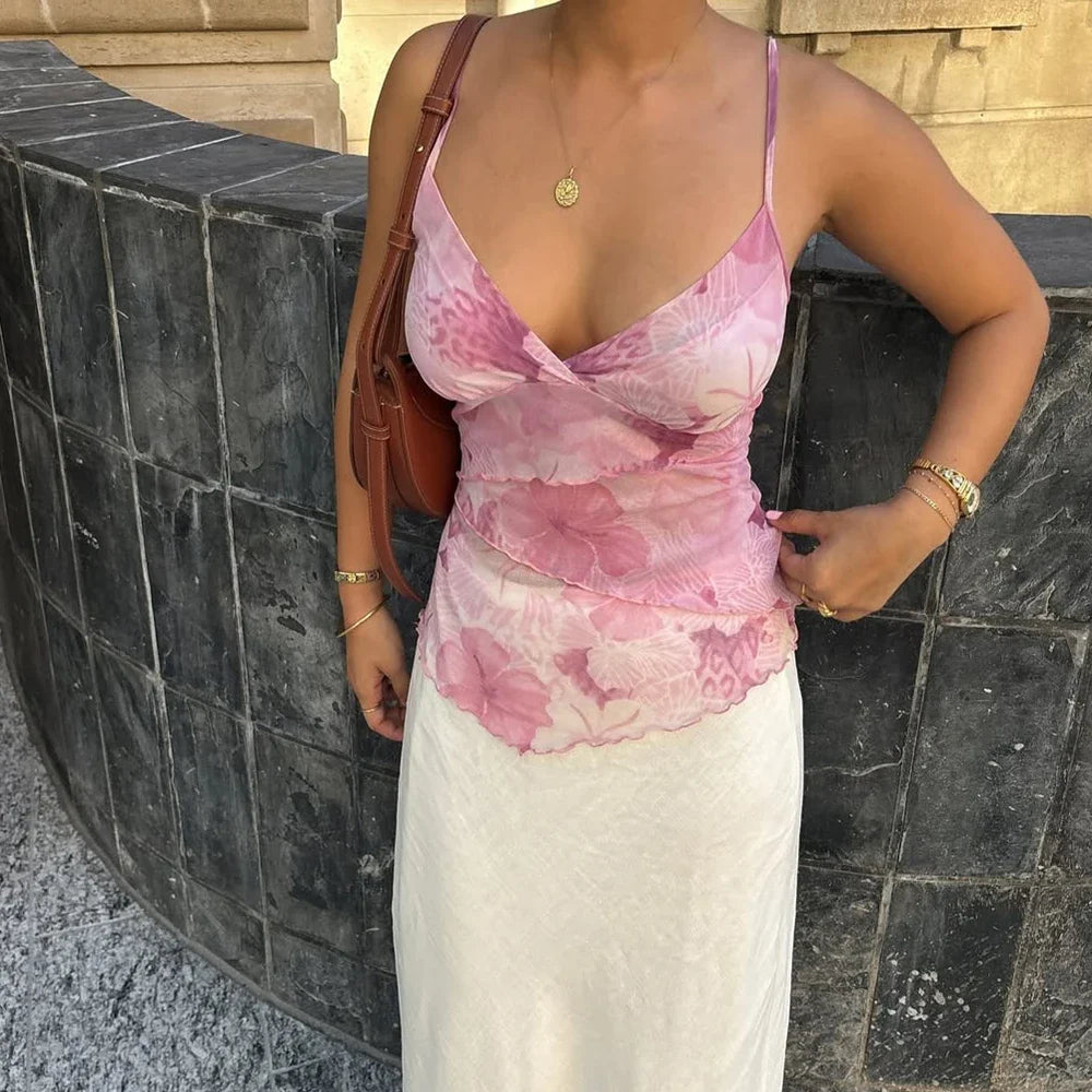 Floral Mesh Spaghetti Crop Top