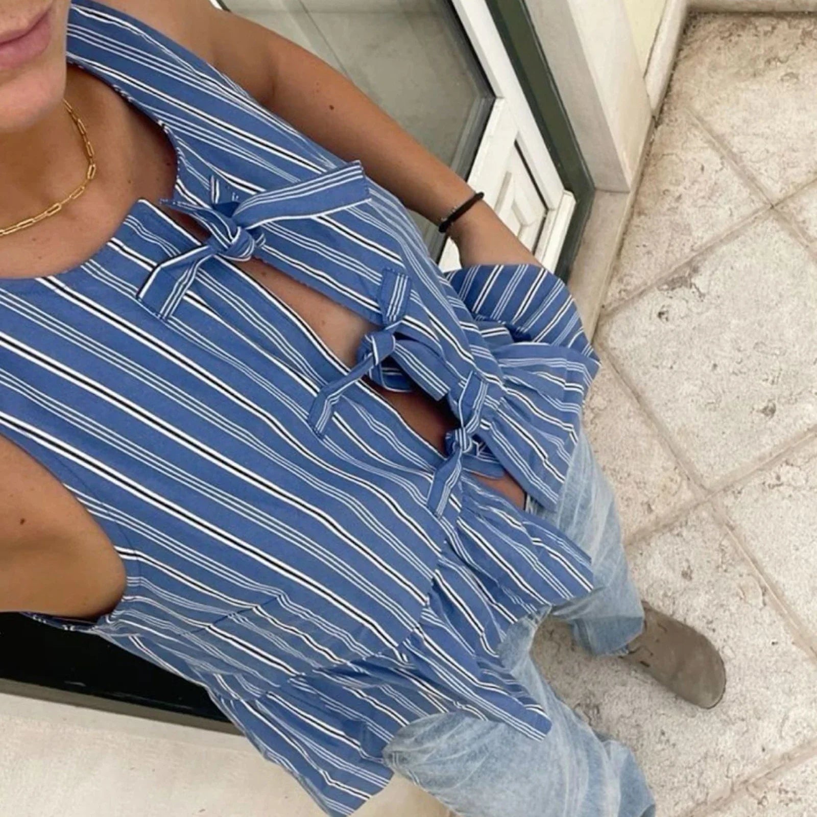 Striped Tie-Up Hollow Crop Top