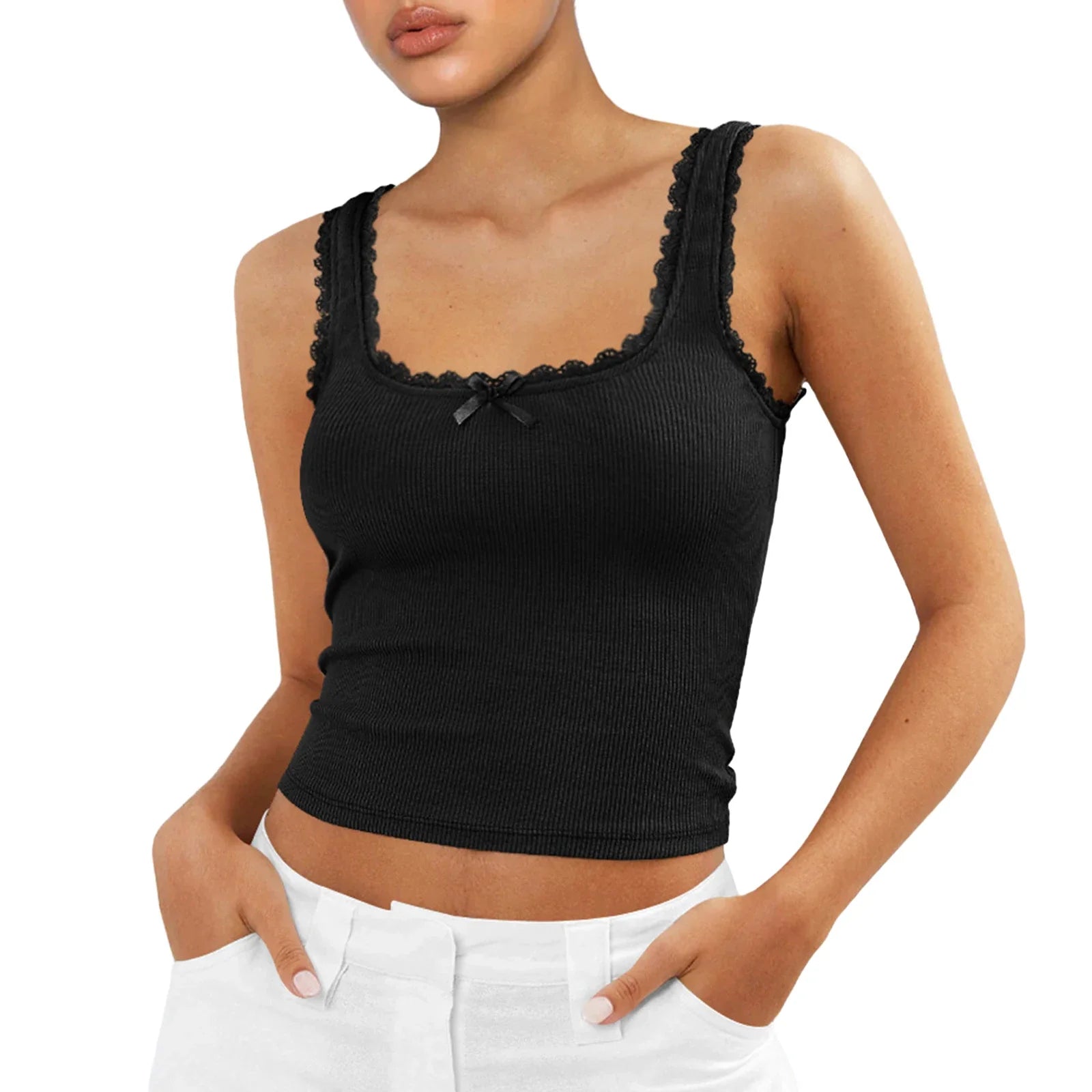 Ribbed Bowknot O-Neck Crop Top
