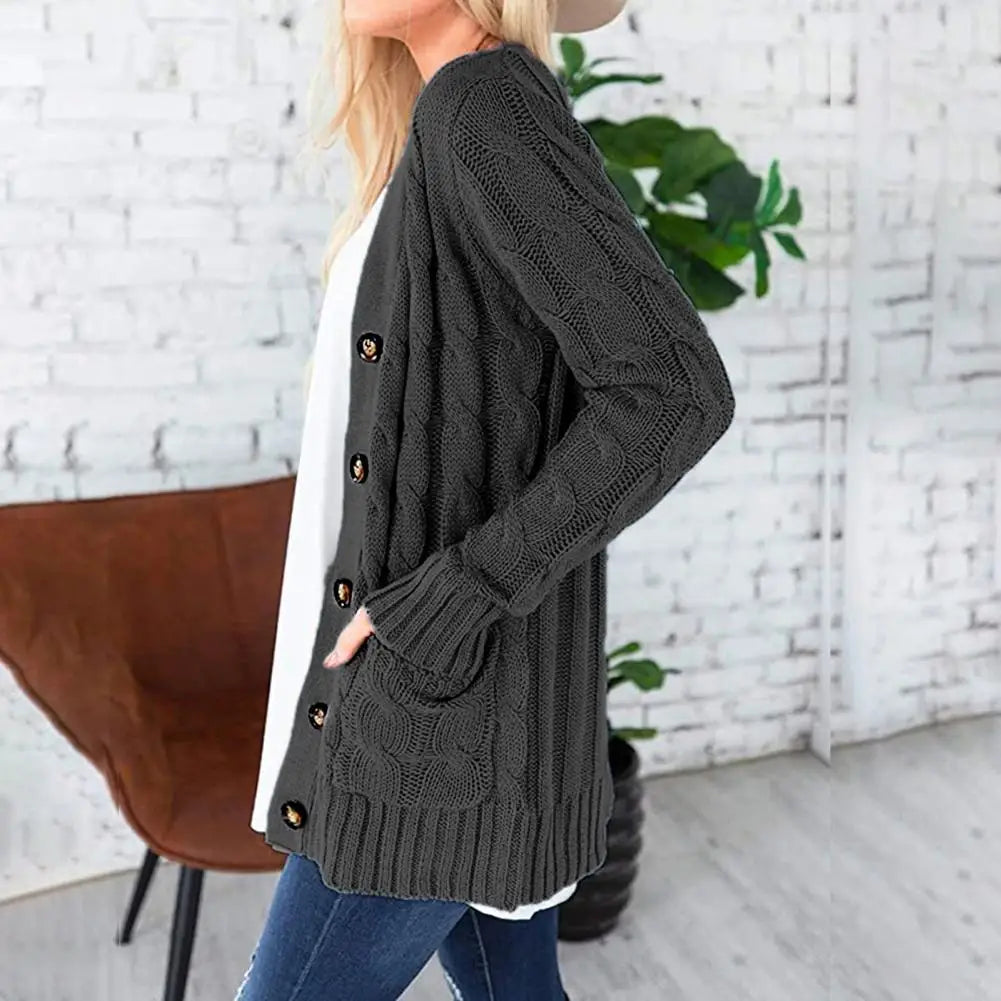 Solid Cable Knit Loose Button Down Cardigan
