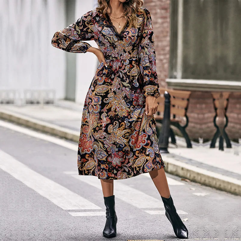 V-Neck Long Sleeve Lace Trim Paisley Print A-Line Midi Dress