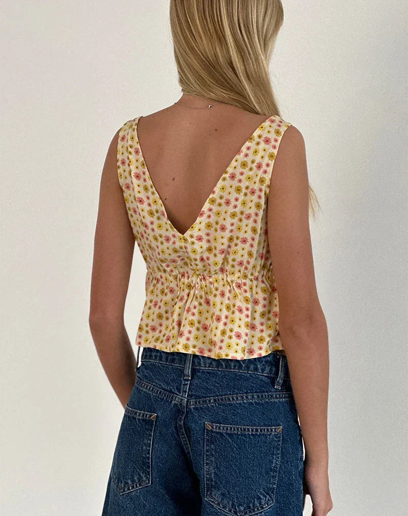 Tie Front Underbust Drawcord Floral Print V Neck Sleeveless Fairy Backless Crop Top