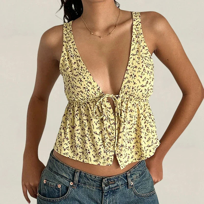 Tie Front Underbust Drawcord Floral Print V Neck Sleeveless Fairy Backless Crop Top