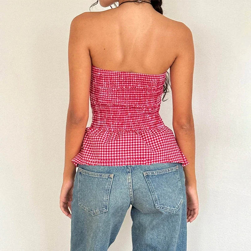 Plaid Print Tube Top Backless Slim Fit Crop Top