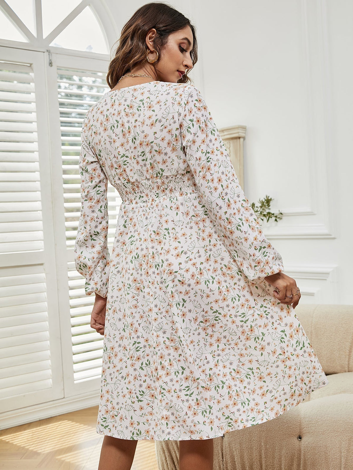 Floral Print V-Neck Puff Sleeve Empire Waist Midi Dress