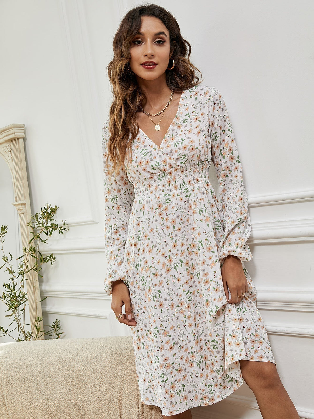 Floral Print V-Neck Puff Sleeve Empire Waist Midi Dress