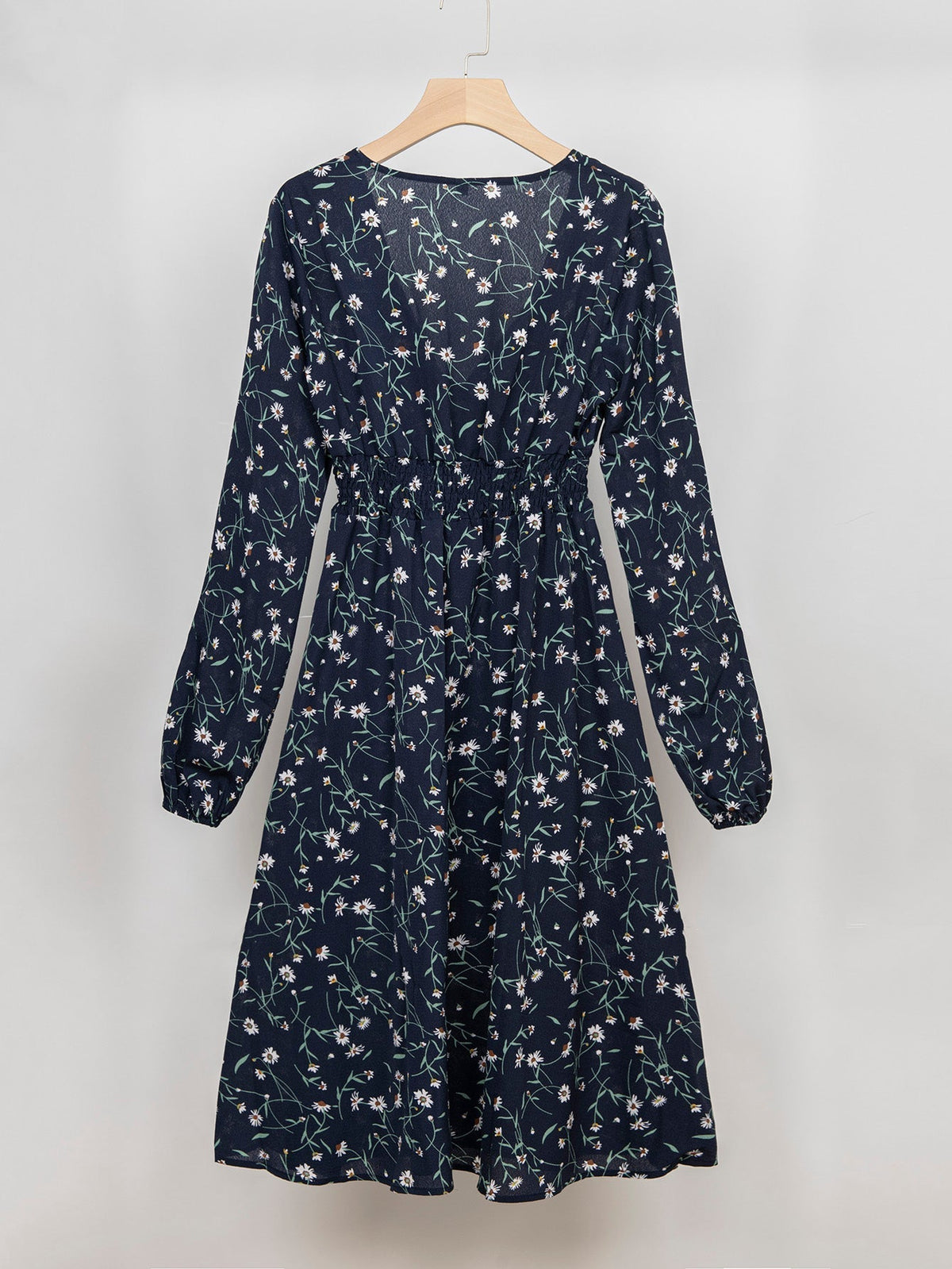 Floral Print V-Neck Long Sleeve Empire Waist A-Line Midi Dress