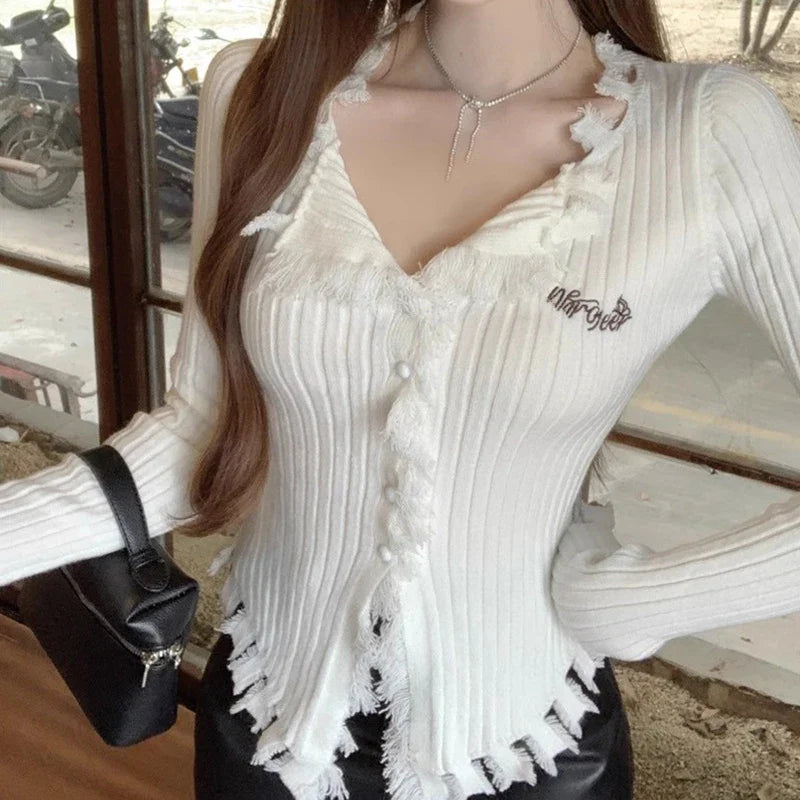 V-Neck Knit Sweater with Tassels and Irregular Hem Design