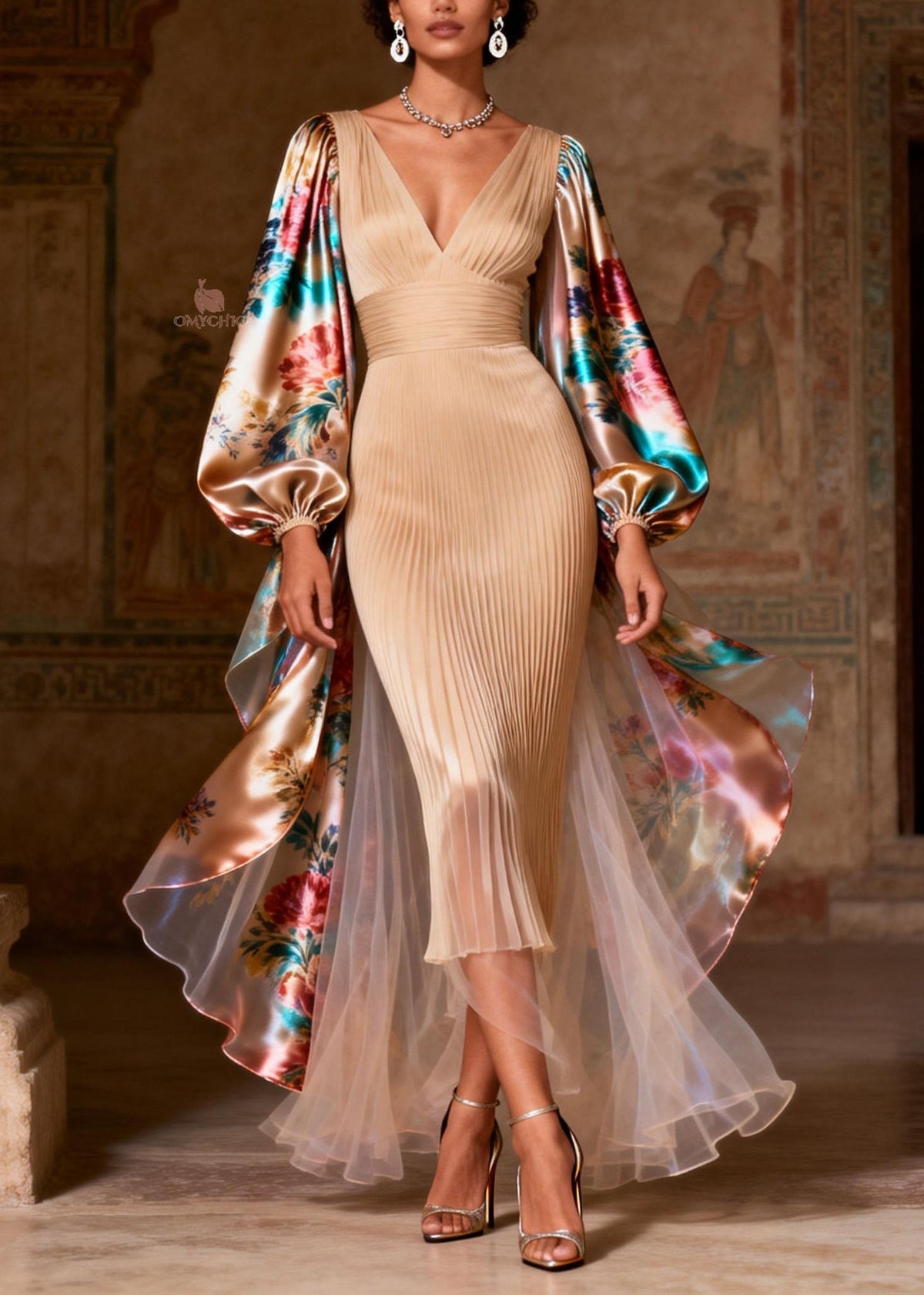 V-Neck Accordion Pleat Floral Puff Sleeve Sheer Cape Train Midi Dress