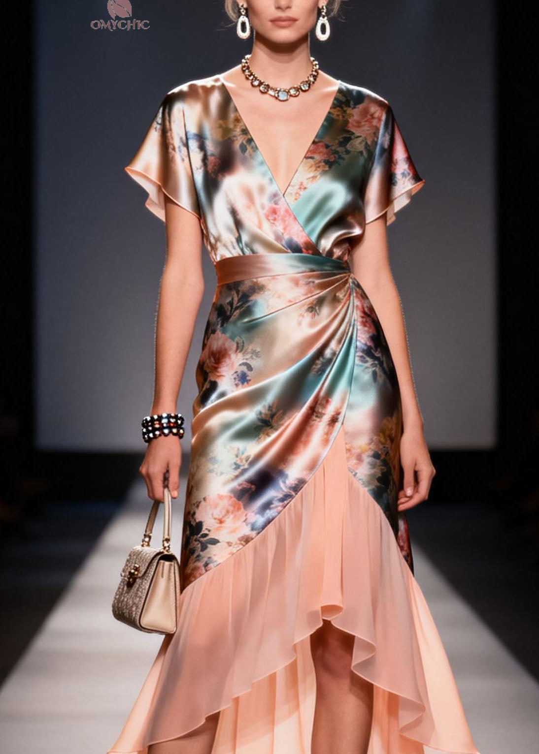 Floral Rose Print Wrap V-Neck Flutter Sleeve Draped Midi Dress - View 2