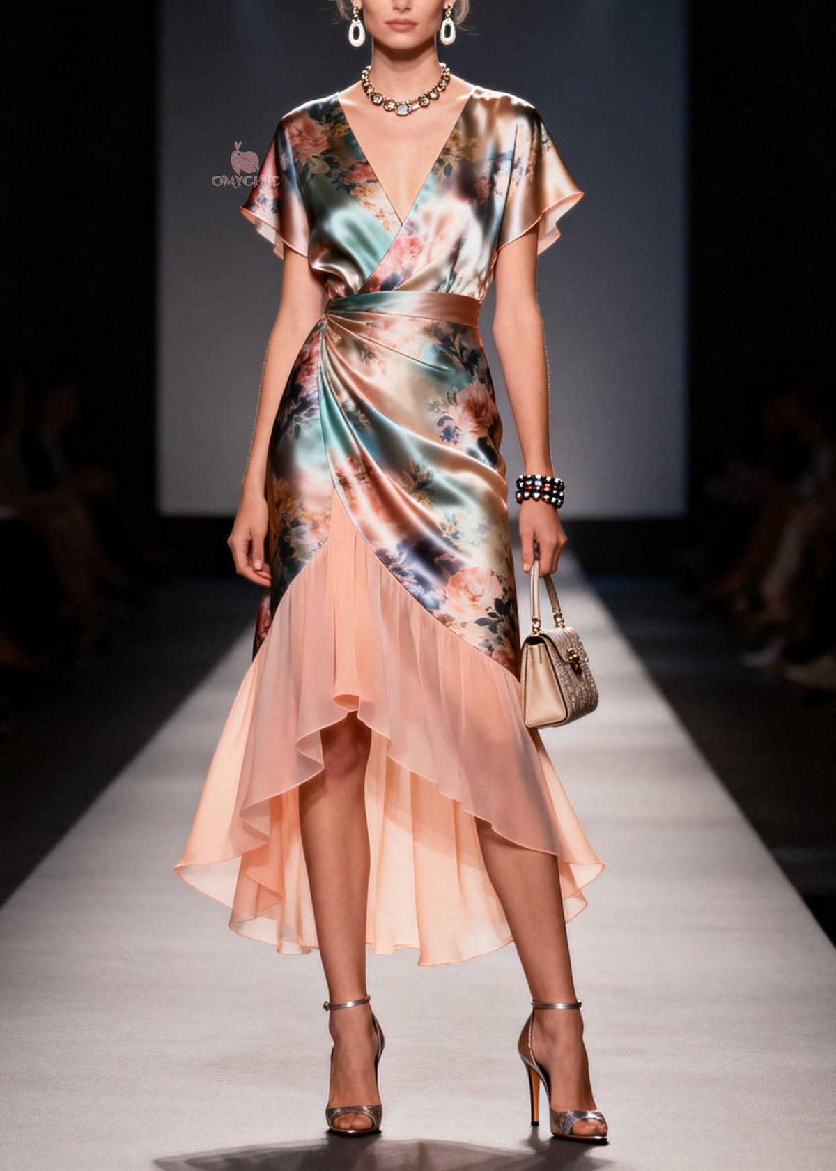 Floral Rose Print Wrap V-Neck Flutter Sleeve Draped Midi Dress - View 3