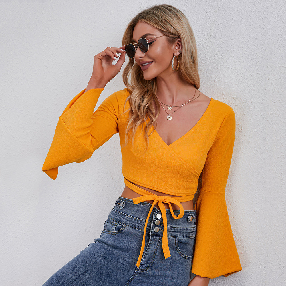 KittenAlarm - Women V-neck trumpet-sleeve top long sleeve T-shirt with crop