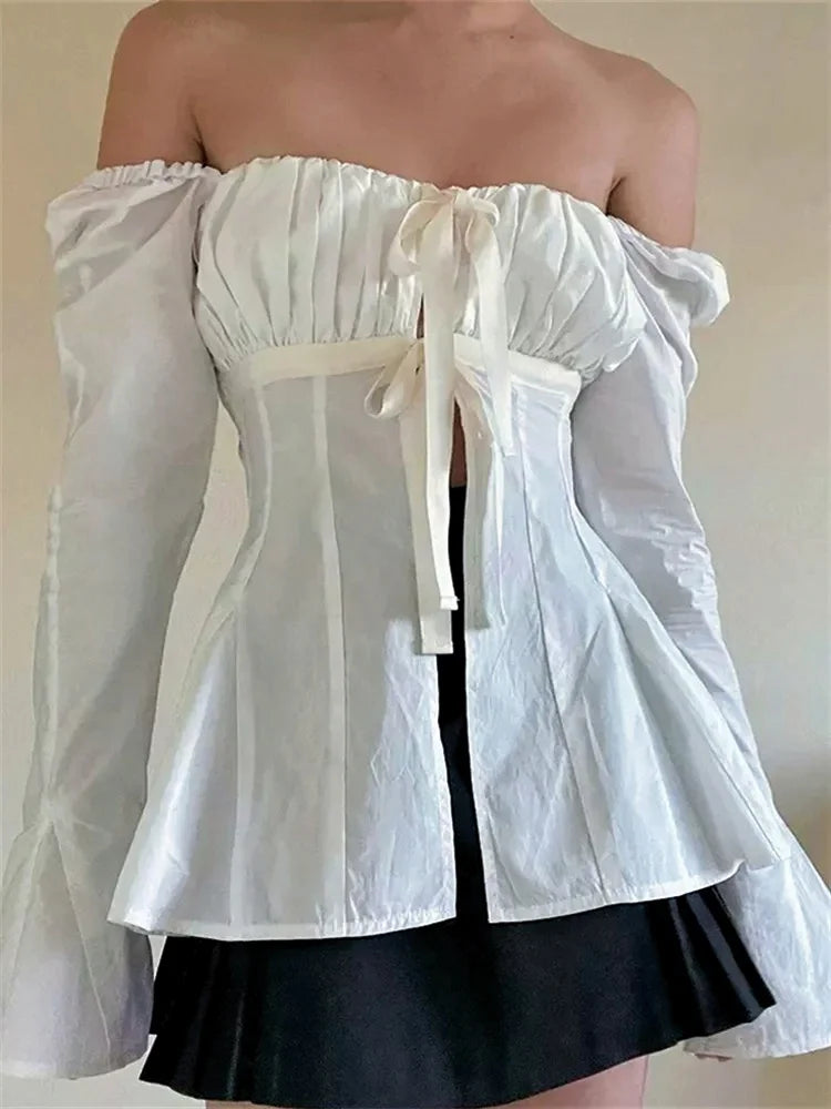 Vintage Puff Sleeve Tie-up Square Neck Blouse