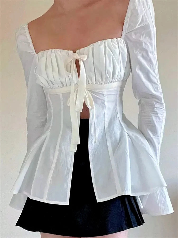 Vintage Puff Sleeve Tie-up Square Neck Blouse