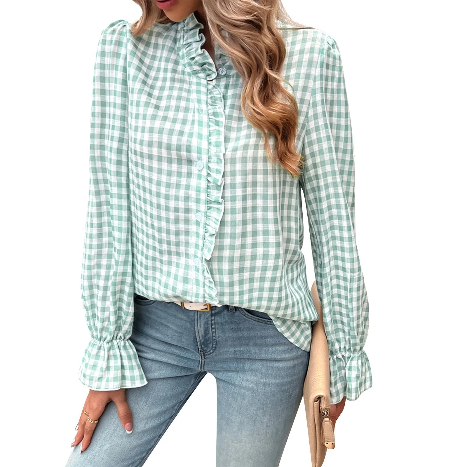 Plaid Ruffle V-neck Blouse