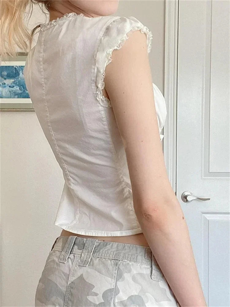 Vintage Lace Trim Cap Sleeve Bandage Blouse